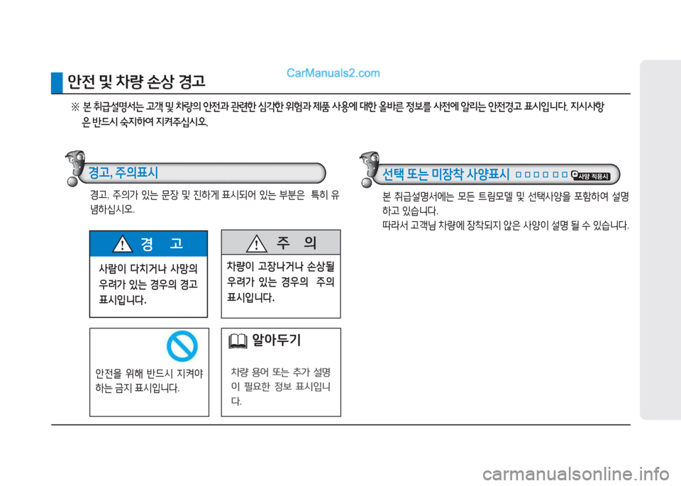 Hyundai Mighty 2017  마이티 - 사용 설명서 (in Korean) 사람이 다치거나  사망의  
우려가  있는  경우의  경고  
표시입니다 .
경       고  주
      의
8