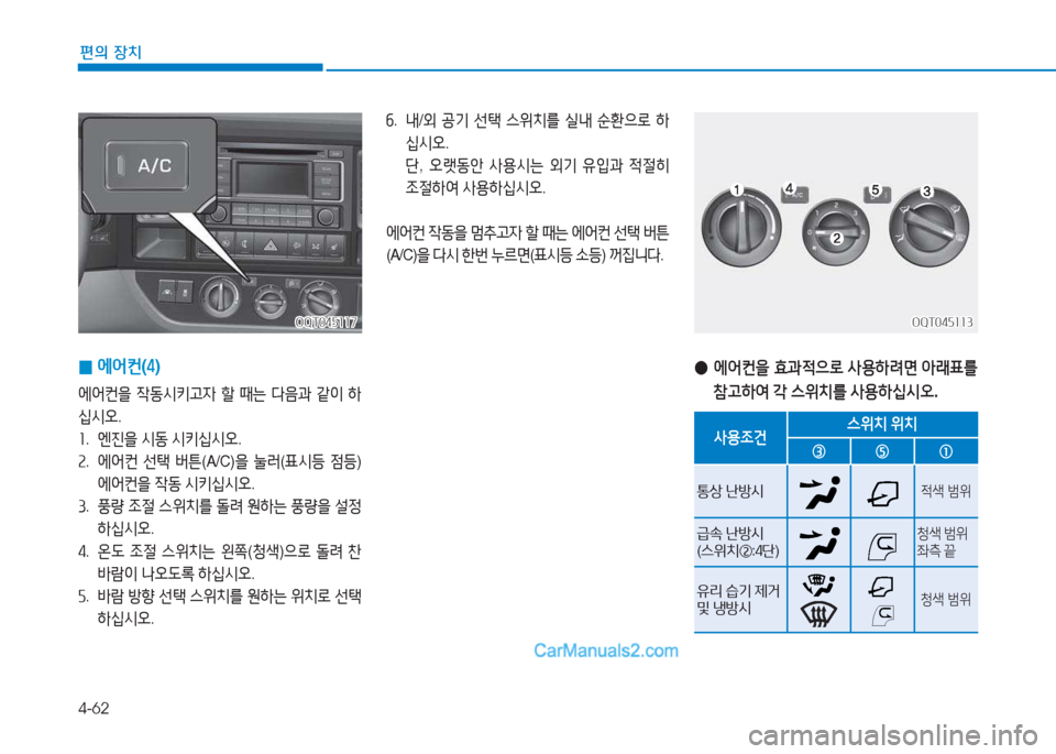 Hyundai Mighty 2017  마이티 - 사용 설명서 (in Korean) 4-62
편의 장치
 
0 에2<컨
(4 )
2X어컨을  4동/d키고4  할  때는  다음과  같이  A