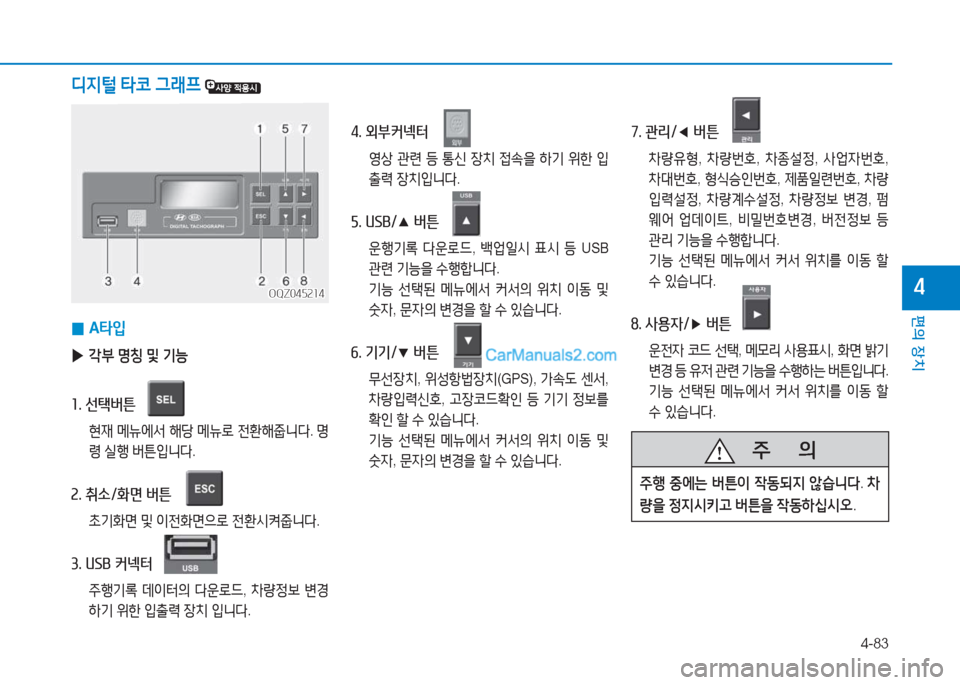Hyundai Mighty 2017  마이티 - 사용 설명서 (in Korean) 4-83
편의 장치
4
   주
        의
주행 중에는  버튼이  4동되6H  않습니l . 차
량을  정6H/d키고  버튼을  4동하/u/d2