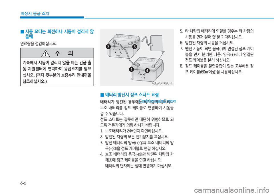 Hyundai Mighty 2017  마이티 - 사용 설명서 (in Korean) 6-6
비상시 응급 조치
 
0  
/d동  0터는  회전하나  /d동이  걸리6H  않
을때
연료량을  점검하십/d오 .
 
0 배터리
 방전/d  4