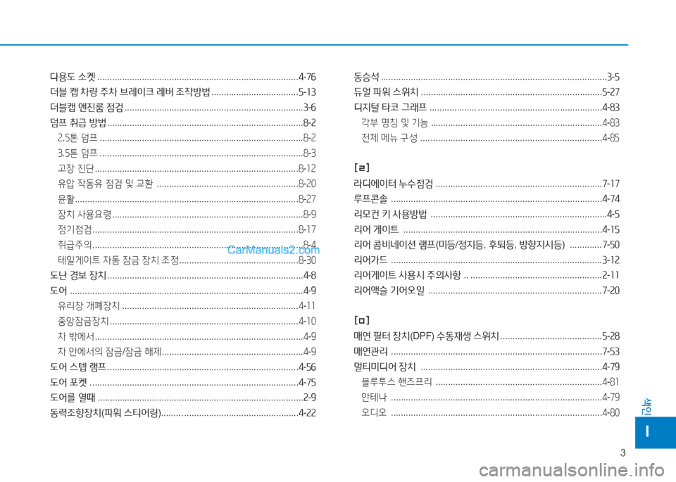 Hyundai Mighty 2017  마이티 - 사용 설명서 (in Korean) 3
색인
I
다용도 .켓  ................................................................................. 4-7작
