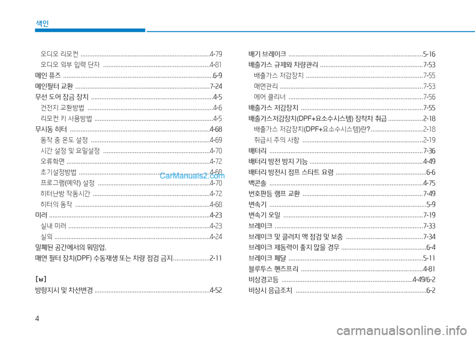 Hyundai Mighty 2017  마이티 - 사용 설명서 (in Korean) 4
색인
오디오 리0컨   .......................................................................... 4-79
오디오  외부  입력  단4   .......................................................