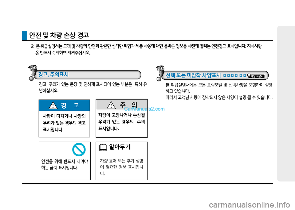 Hyundai Mighty 2016  마이티 - 사용 설명서 (in Korean) 사람이 다치거나 사망의 
우려가 있는 경우의 경고 
표시입니다.
경      고  주     의
차량이 고장나거나 손상될 
우려가 있는 경우의  주의 
표시입니다