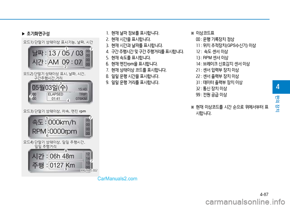 Hyundai Mighty 2016  마이티 - 사용 설명서 (in Korean) 4-87
편의 장치
4
 ▶초기화면구성1. 현재 날짜 정보를 표시합니다.
2. 현재 시간을 표시합니다.
3. 현재 시간과 날짜를 표시합니다.
4. 구간 주행시간 및 