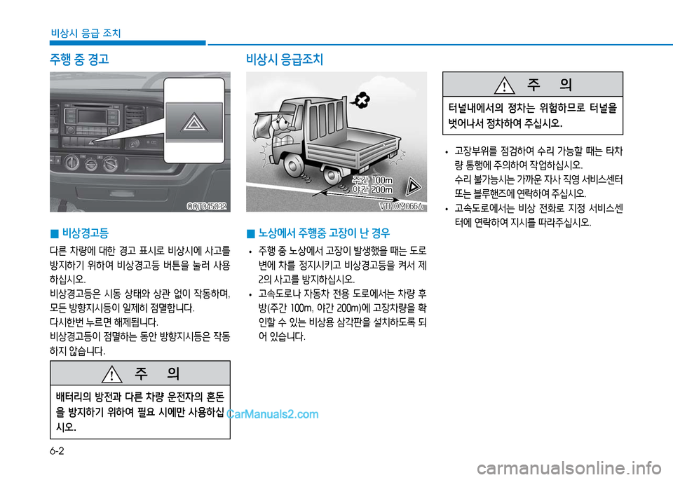 Hyundai Mighty 2016  마이티 - 사용 설명서 (in Korean) 6-2
비상시 응급 조치
주행 중 경고
 0비상경고등
다른 차량에 대한 경고 표시로 비상시에 사고를 
방지하기 위하여 비상경고등 버튼을 눌러 사용
하십