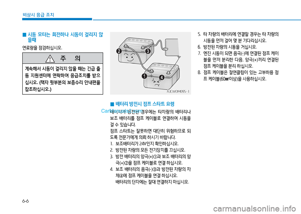 Hyundai Mighty 2016  마이티 - 사용 설명서 (in Korean) 6-6
비상시 응급 조치
 0 시동 모터는 회전하나 시동이 걸리지 않
을때
연료량을 점검하십시오.
 0배터리 방전시 점프 스타트 요령
배터리가 방전된 경
