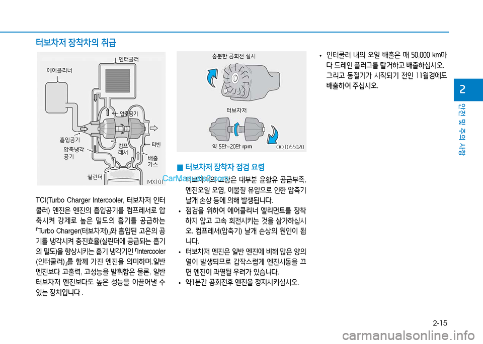 Hyundai Mighty 2016  마이티 - 사용 설명서 (in Korean) 2-15
안전 및 주의 사항
2
OQT055020OQT055020
 0 터보차저 장착자 점검 요령
 •터보차저의 고장은 대부분 윤활유 공급부족,
엔진오일 오염, 이물질 유입으로 