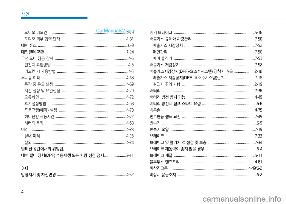 Hyundai Mighty 2016 마이티 - 사용 설명서 (in Korean) 4
색인
오디오 리모컨 ..........................................................................4-79
오디오 외부 입력 단자 ........................................................... Hyundai Mighty 2016 마이티 - 사용 설명서 (in Korean) 4
색인
오디오 리모컨 ..........................................................................4-79
오디오 외부 입력 단자 ...........................................................