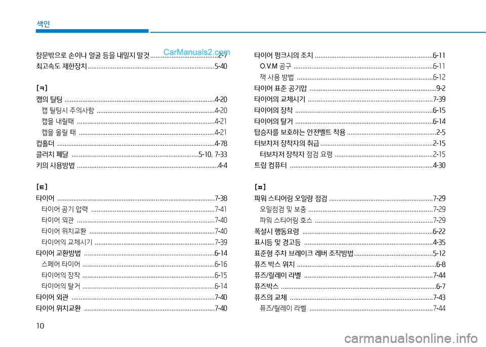 Hyundai Mighty 2016  마이티 - 사용 설명서 (in Korean) 10
색인
창문밖으로 손이나 얼굴 등을 내밀지 말것 . . . . . . . . . . . . . . . . . . . . . . . . . . . . . . . . . . . . . .2-7
최고속도 제한장치 . . . . . . . . . . . . . . 