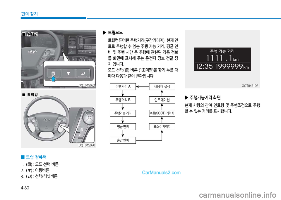 Hyundai Mighty 2016  마이티 - 사용 설명서 (in Korean) 4-30
편의 장치
주행거리 A
인포메이션
수트(SOOT) 게이지
요소수 게이지
주행거리 B
주행가능 거리
순간 연비
평균 연비
사용자 설정
 ▶트립모드 
 트립