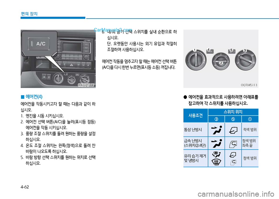 Hyundai Mighty 2015  마이티 - 사용 설명서 (in Korean) 4-62
편의 장치
 
0 에2<컨
(4 )
2X어컨을  4동/d키고4  할  때는  다음과  같이  A