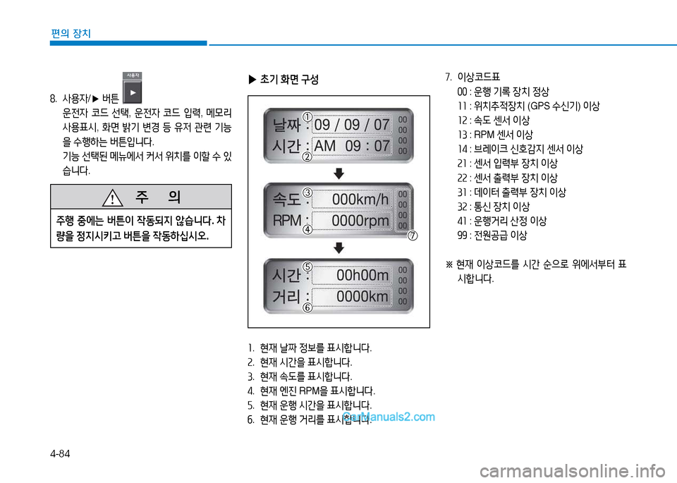 Hyundai Mighty 2015  마이티 - 사용 설명서 (in Korean) 4-84
편의 장치
놓.   사용4 /▶ 버튼
  운전4  코드  선=e , 운전4  코드  4
$