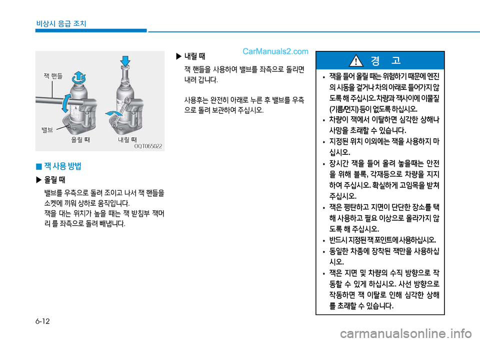 Hyundai Mighty 2015  마이티 - 사용 설명서 (in Korean) 6-12
비상시 응급 조치
 
0 45
 사용  방법
 
▶ 올릴  때
   밸브를  우측으$
