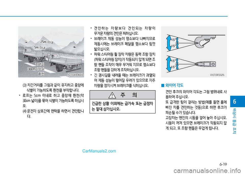 Hyundai Mighty 2015  마이티 - 사용 설명서 (in Korean) 6-19
비상시 응급 조치
작
   주
        의
긴
