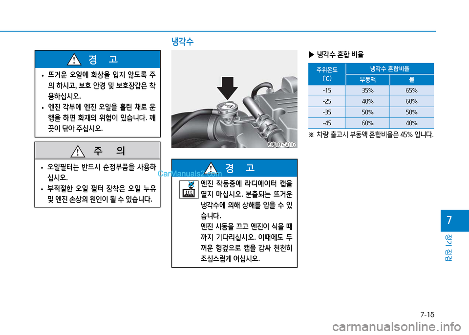 Hyundai Mighty 2015  마이티 - 사용 설명서 (in Korean) 7-15
정기 점검
7
   주
        의
 
• 오일필터는
 반드/d  순정부품을  사용A