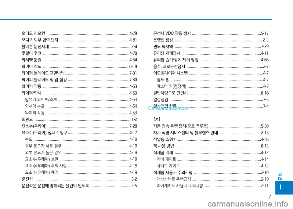 Hyundai Mighty 2015  마이티 - 사용 설명서 (in Korean) 7
색인
I
오디오 리0컨   ............................................................................. 4-79
오디오  외부  4
력  단4   ...................................................