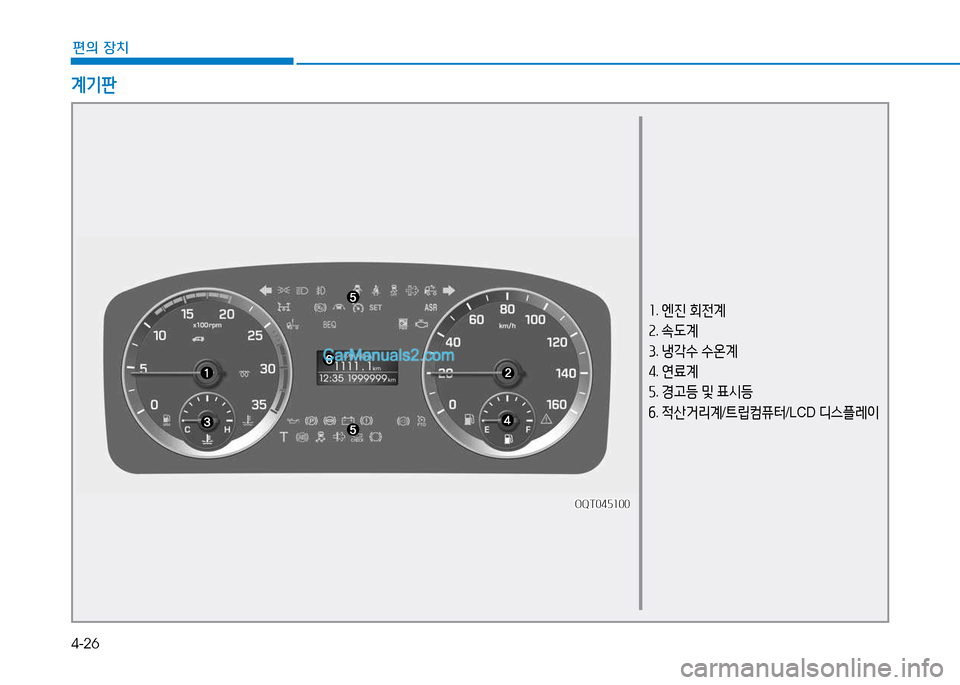 Hyundai Mighty 2015  마이티 - 사용 설명서 (in Korean) 4-26
편의 장치
계기판
소. 엔진  회전계
속 . . L계
① . 냉