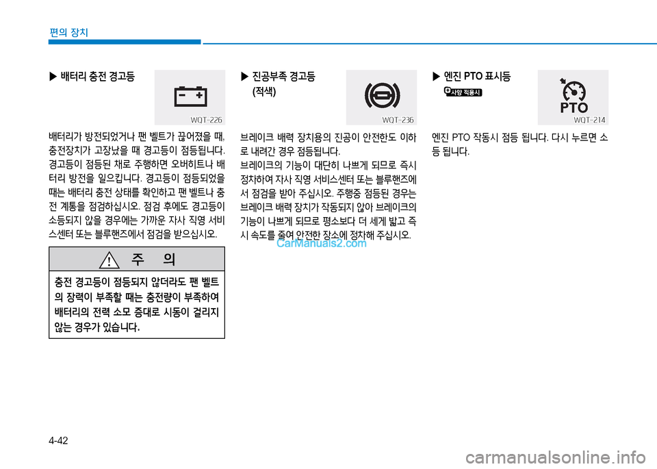 Hyundai Mighty 2015  마이티 - 사용 설명서 (in Korean) 4-42
편의 장치
   주
        의
충전 E고등이  점등되6H  않
