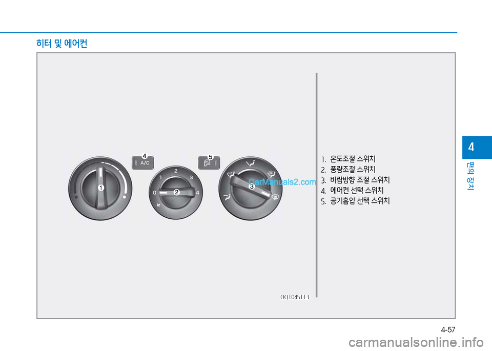 Hyundai Mighty 2015  마이티 - 사용 설명서 (in Korean) 4-57
편의 장치
4
히터 및  에2<컨
소 .  온 L4