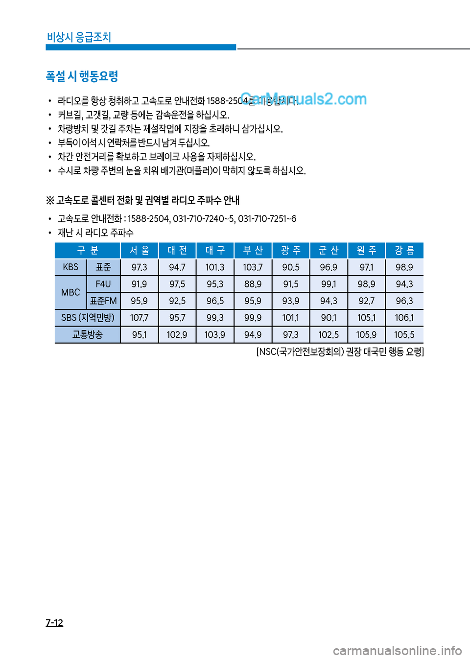 Hyundai New County 2017  뉴카운티 - 사용 설명서 (in Korean) 7-12
비상시 응급조치
폭설 시 행동요령
 
•
도디오를 항상 청취하고 고
