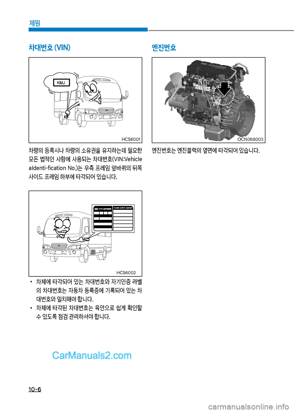 Hyundai New County 2017  뉴카운티 - 사용 설명서 (in Korean) 10-6
제원
차대번호 (VIN)
0량의보등
