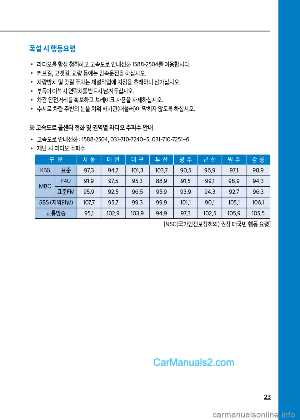 Hyundai New County 2017  뉴카운티 - 사용 설명서 (in Korean) 23
폭설 시 행동요령
보
•
도디오를보항상보청취하고보고