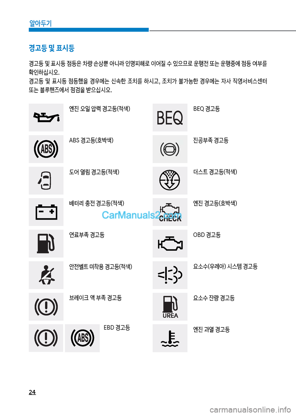 Hyundai New County 2017  뉴카운티 - 사용 설명서 (in Korean) 24
알아두기
경고등 및 표시등
경고등보및보표	&등보
|등은보0량보손상뿐보	