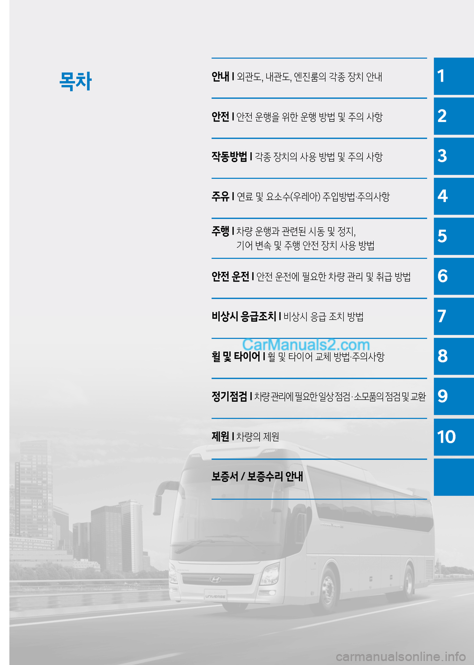 Hyundai New County 2017  뉴카운티 - 사용 설명서 (in Korean) 목01
2
3
4
5
6
10
7
8
9
안내 I 외관도, 내관도, 엔진룸의 각종 장치 안내
안전 I 안전 운행을 위한 운행 방법 및 주의 사항

X동방법 I  각종 장치의 사용 방