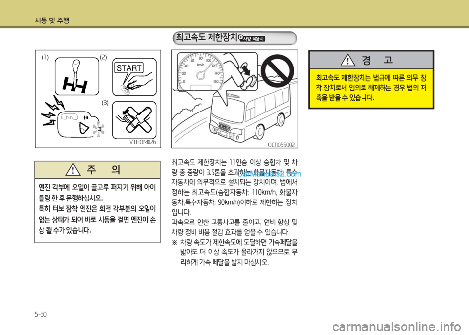 Hyundai New County 2016  뉴카운티 - 사용 설명서 (in Korean) 시동 및 주행
5-30
(1)(1)(2)(2)
(3)(3)
VTHOM026VTHOM026
엔진 각부에 오일이 골고루 퍼지기 위해 아이
들링 한 후 운행하십시오.
특히 터보 장착 엔진은 회전 각부