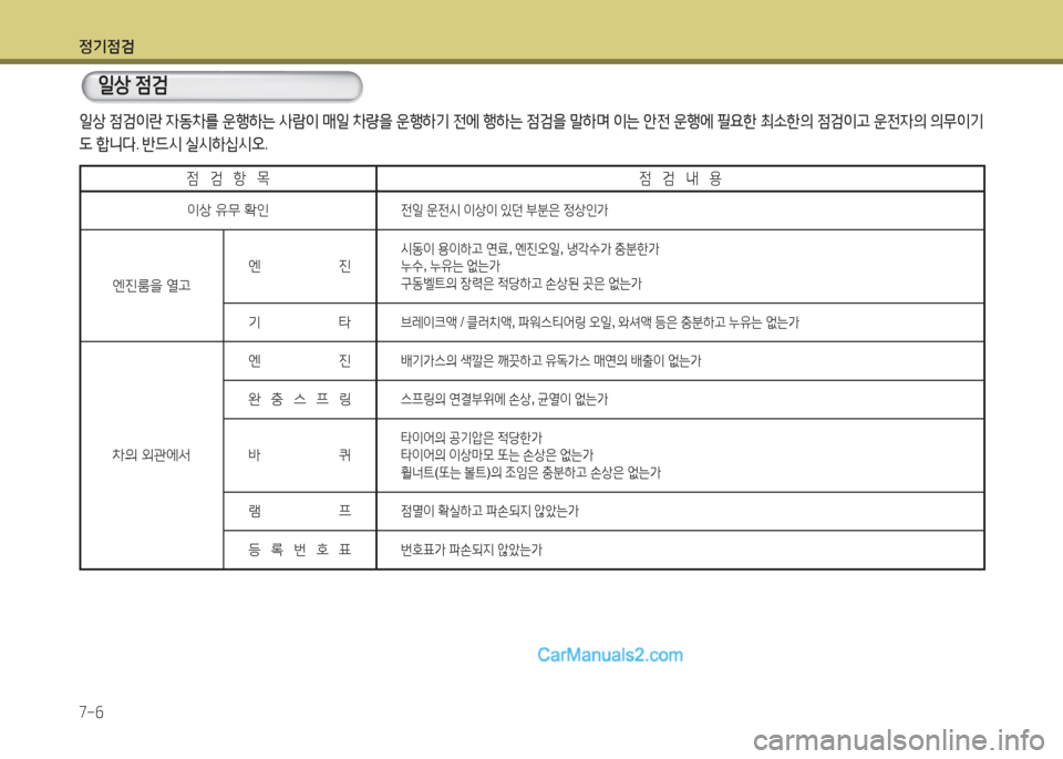 Hyundai New County 2016  뉴카운티 - 사용 설명서 (in Korean) 정기점검
7-6
일상 점검이란 자동차를 운행하는 사람이 매일 차량을 운행하기 전에 행하는 점검을 말하며 이는 안전 운행에 필요한 최소한의 점검이고 