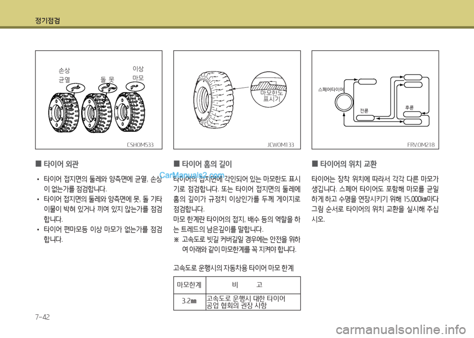Hyundai New County 2016  뉴카운티 - 사용 설명서 (in Korean) 정기점검
7-42
 0타이어 홈의 길이
타이어의 접지면에 각인되어 있는 마모한도 표시
기로 점검합니다. 또는 타이어 접지면의 둘레에 
홈의 깊이가 규정