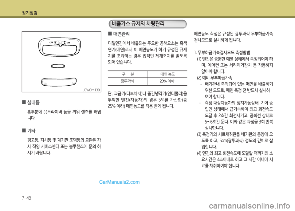 Hyundai New County 2016  뉴카운티 - 사용 설명서 (in Korean) 정기점검
7-48
 0매연관리
디젤엔진에서 배출되는 주요한 공해요소는 흑색
연기(매연)로서 이 매연농도가 하기 규정된 규제
치를 초과하는 경우 법적인