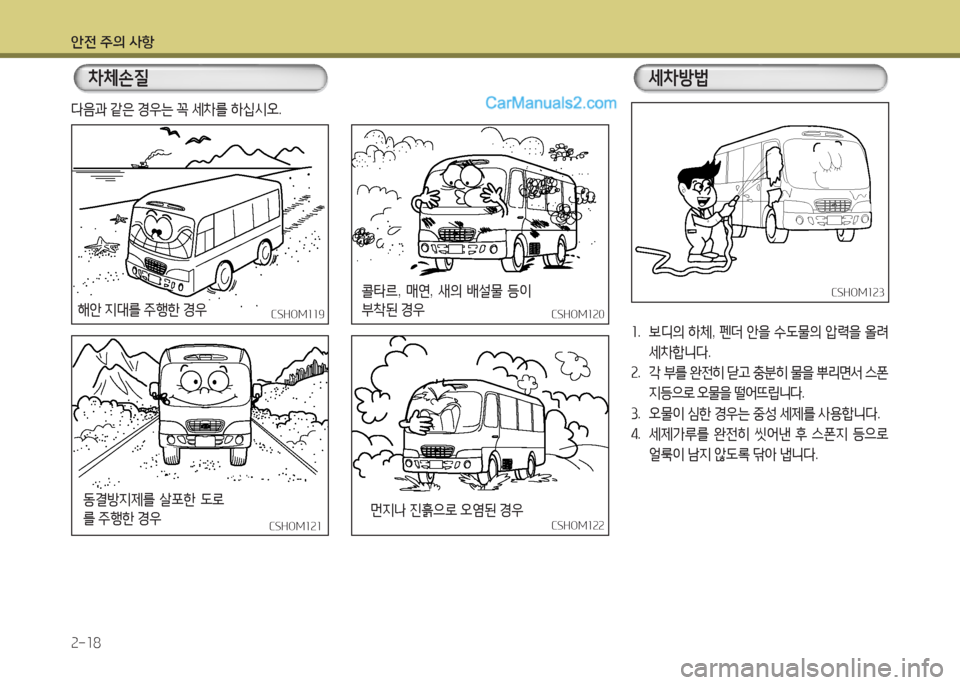 Hyundai New County 2016  뉴카운티 - 사용 설명서 (in Korean) 안전 주의 사항
2-18
차체손질
다음과 같은 경우는 꼭 세차를 하십시오.
CSHOM119CSHOM119
CSHOM121CSHOM121
CSHOM120CSHOM120
CSHOM122CSHOM122
해안 지대를 주행한 경우
동