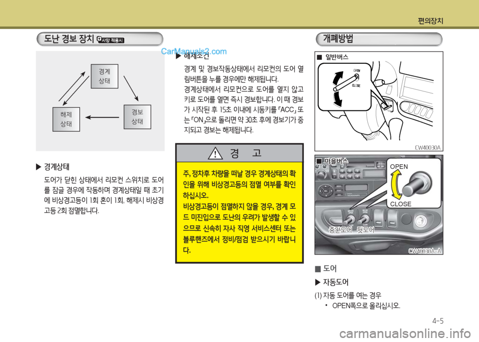 Hyundai New County 2016  뉴카운티 - 사용 설명서 (in Korean) 편의장치
4-5
도난 경보 장치 
경계
상태
경보
상태해제
상태
 ▶경계상태
 도어가 닫힌 상태에서 리모컨 스위치로 도어
를 잠글 경우에 작동하며 경계