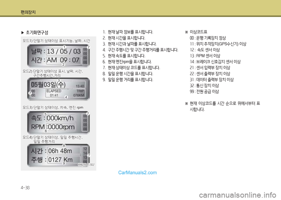 Hyundai New County 2016  뉴카운티 - 사용 설명서 (in Korean) 편의장치
4-38
 ▶초기화면구성1. 현재 날짜 정보를 표시합니다.
2. 현재 시간을 표시합니다.
3. 현재 시간과 날짜를 표시합니다.
4. 구간 주행시간 및 구