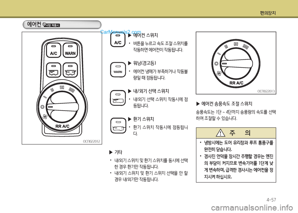 Hyundai New County 2015  뉴카운티 - 사용 설명서 (in Korean) 편의장치4-자7
OCN0속속0소속OCN0속속0소속
에2<컨 
 
▶ 에어컨 송풍.도 4