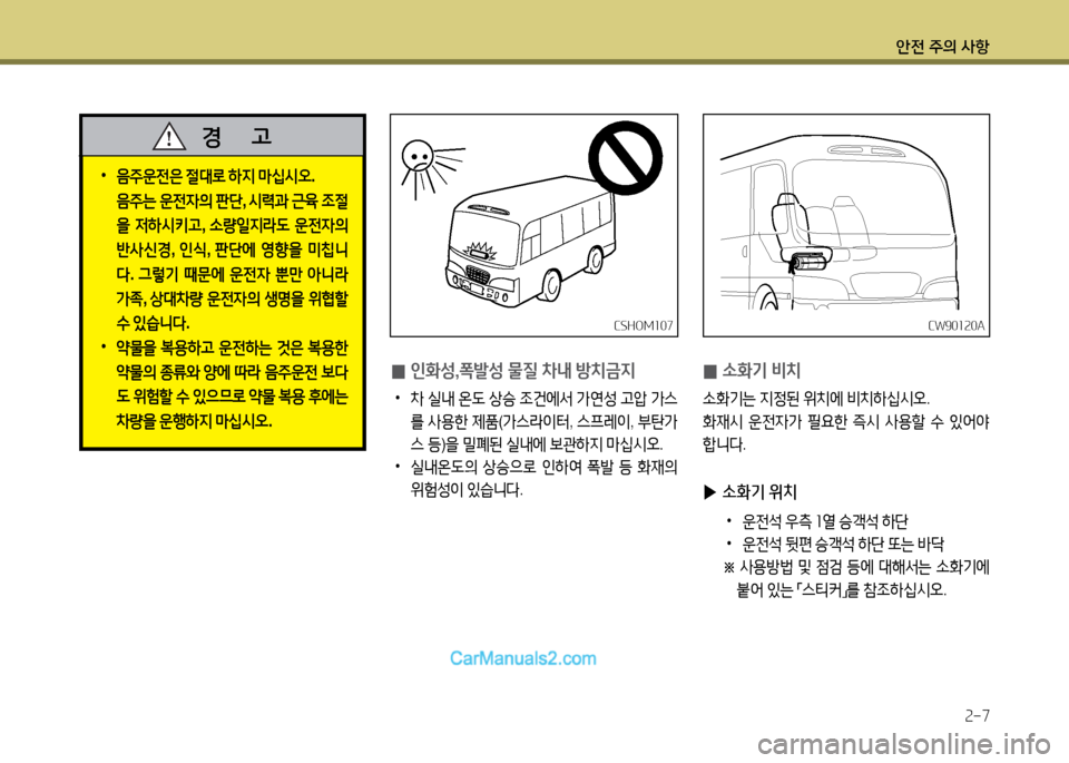 Hyundai New County 2014  뉴카운티 - 사용 설명서 (in Korean) 안전 주의 사항속-7
CSHO겨소07CSHO겨소07CW90소속0ACW90소속0A
 
•
음주운전은  절