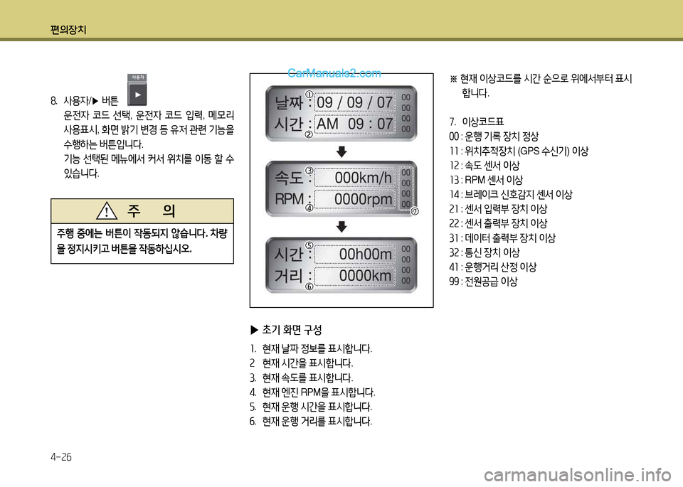 Hyundai New County 2014  뉴카운티 - 사용 설명서 (in Korean) 편의장치 4-2작
※  
현재  이상코드를  /d간  순으$