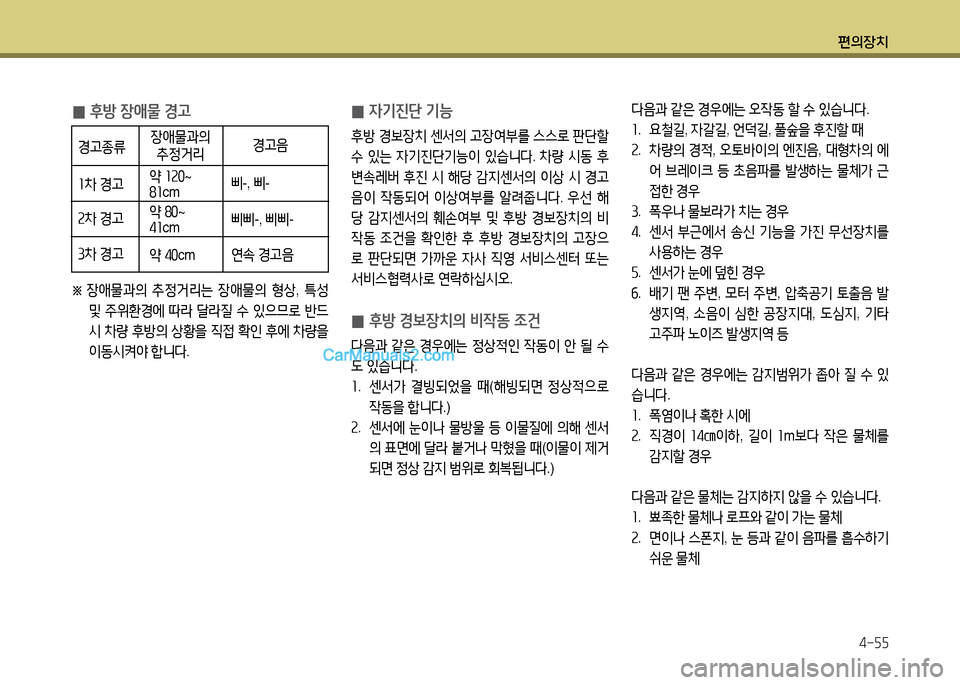 Hyundai New County 2014  뉴카운티 - 사용 설명서 (in Korean) 편의장치4-자자
 
0 4기진단 기능
후방
 경)|장치  센-
