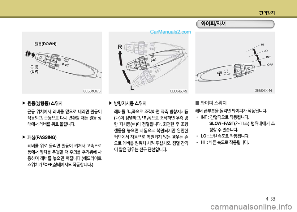 Hyundai New Power Truck 2017  뉴파워트럭 - 사용 설명서 (in Korean) 편의장치4-자3
OEG04작078OEG04작078OEG04작079
OEG04작079
 
0 와이퍼
 스위치
레버  끝부분을  돌리면  와이퍼