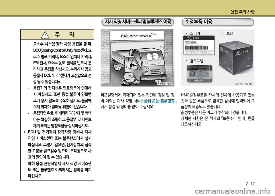 Hyundai New Power Truck 2017  뉴파워트럭 - 사용 설명서 (in Korean) 안전 주의 사항2-17
HMC순정부품은  4사의  신8