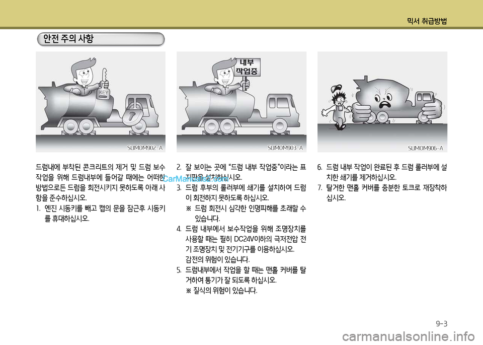 Hyundai New Power Truck 2017  뉴파워트럭 - 사용 설명서 (in Korean) 믹서 취급방법9-3
안전 주의  사항
SUMOM902-A
SUMOM902-ASUMOM903-A
SUMOM903-ASUMOM90작-A
SUMOM90작-A
드럼내에  부8