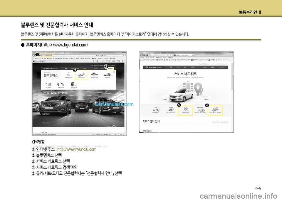 Hyundai New Power Truck 2017  뉴파워트럭 - 사용 설명서 (in Korean) 보증수리안내2-5
블루핸즈 및 전문협력사 서비스 안내
블루핸6 및  전문협$