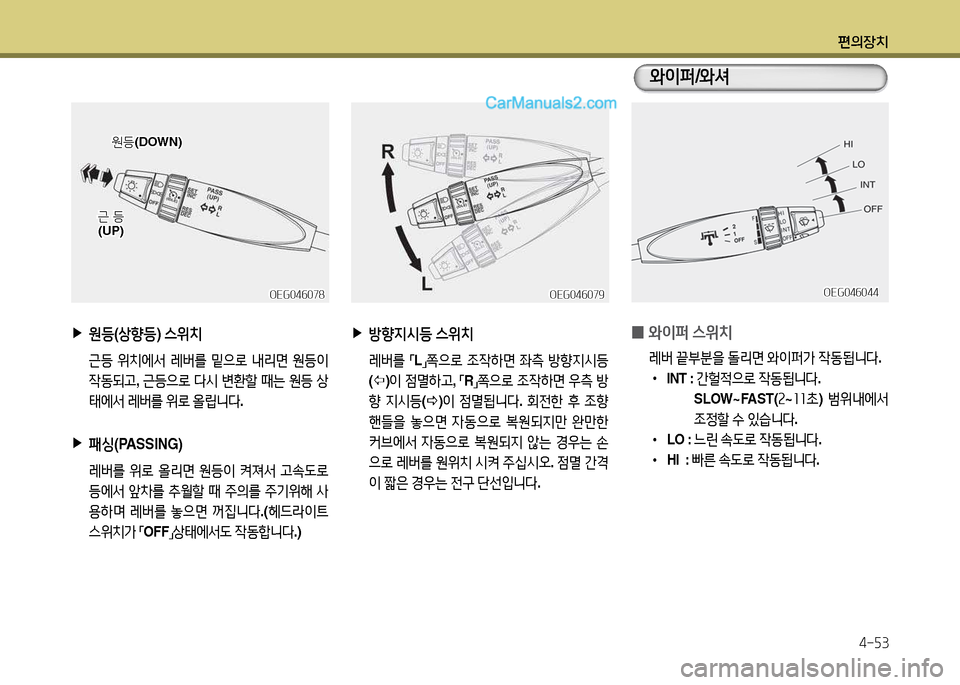 Hyundai New Power Truck 2015  뉴파워트럭 - 사용 설명서 (in Korean) 편의장치4-자3
OEG04작078OEG04작078OEG04작079
OEG04작079
 
0 와이퍼
 스위치
  레버  끝부분을  돌리면  와이퍼