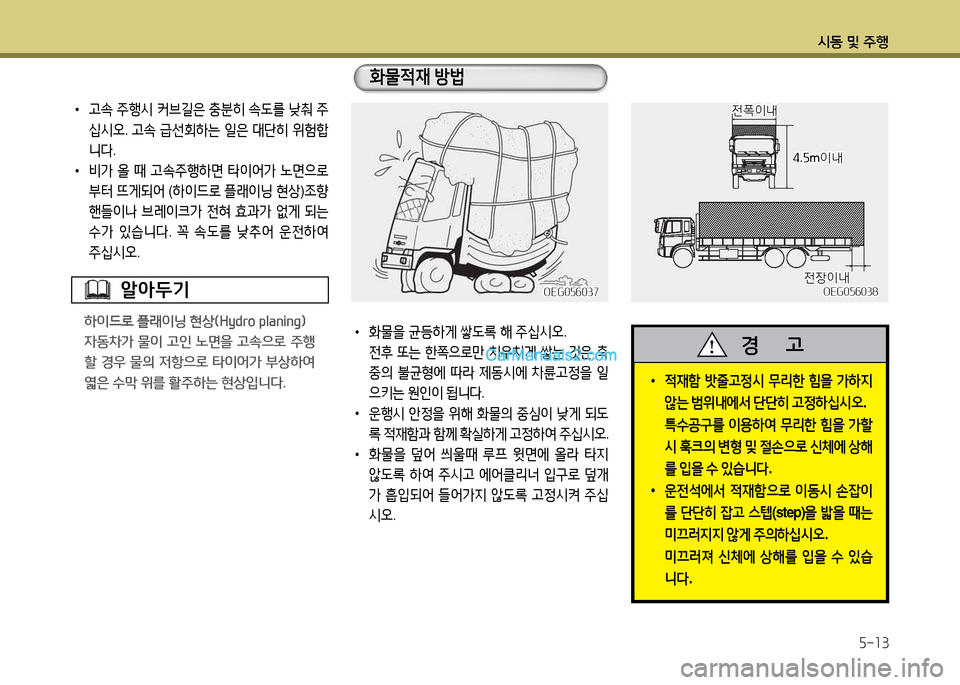 Hyundai New Power Truck 2015  뉴파워트럭 - 사용 설명서 (in Korean) 시동 및 주B5-13
 
•
고.  주행시  커브길은  충분히  .도를  낮춰  주
/u시2