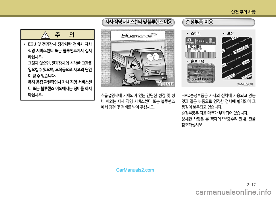 Hyundai New Power Truck 2015  뉴파워트럭 - 사용 설명서 (in Korean) 안전 주의 사항2-17
HMC순정부품은  4사의  신8