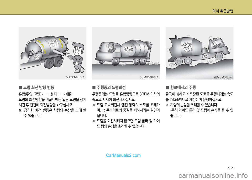 Hyundai New Power Truck 2015  뉴파워트럭 - 사용 설명서 (in Korean) 믹서 취급방법9-9
 
0 주행중의
 드럼회전
주B중에는  드럼을  혼A