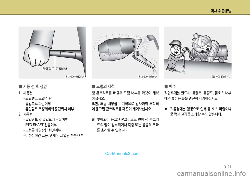 Hyundai New Power Truck 2015  뉴파워트럭 - 사용 설명서 (in Korean) 믹서 취급방법9-11
 
0 드럼의
 세척
생  콘크리?@를  배출후  드럼  내부를  깨끗이  세9!
하/u/d오 .
또한 , 드럼  내부를  주기4