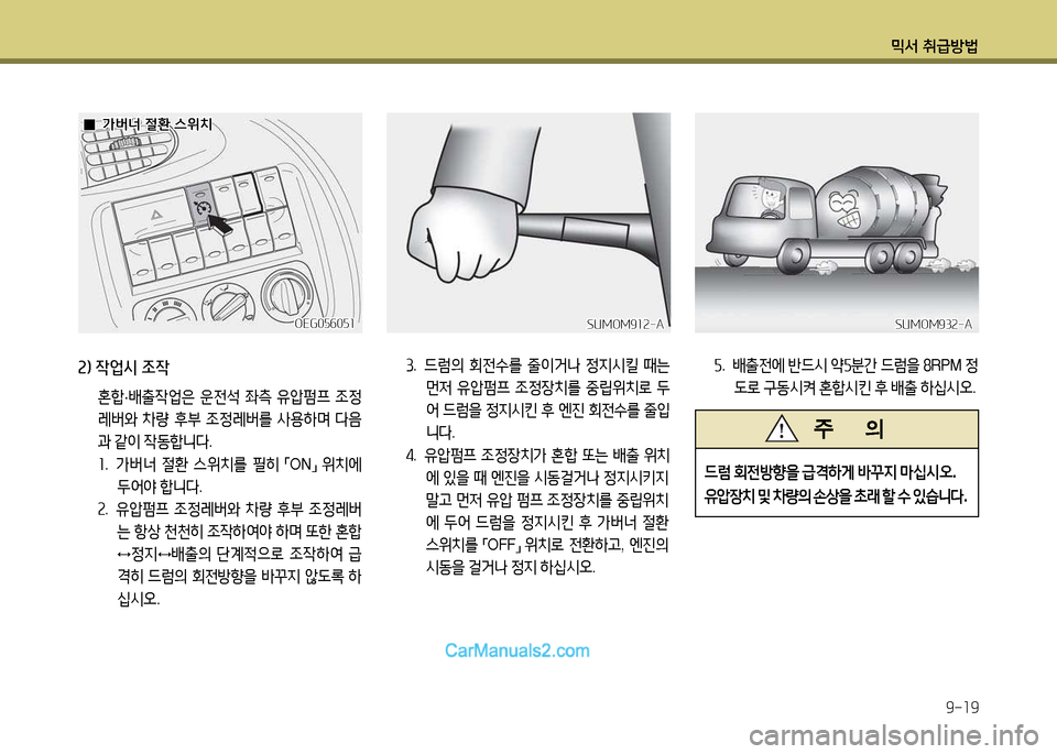 Hyundai New Power Truck 2015  뉴파워트럭 - 사용 설명서 (in Korean) 믹서 취급방법9-19
①.   드럼의  회전수를  줄이거나  정6H/d킬  때는  
먼4