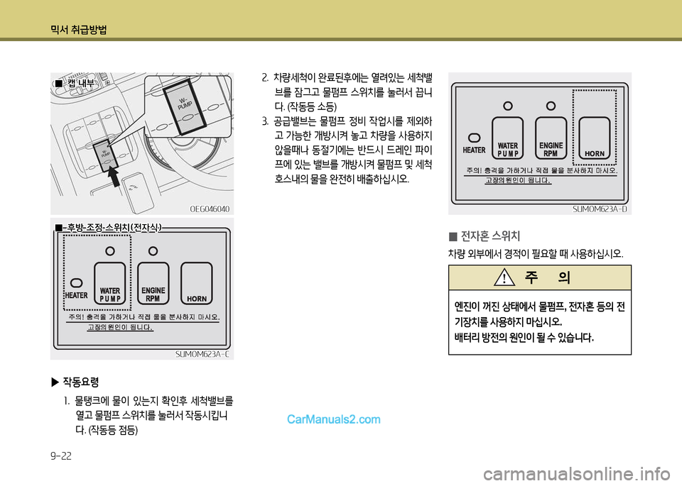 Hyundai New Power Truck 2015  뉴파워트럭 - 사용 설명서 (in Korean) 믹서 취급방법 9-22
 
▶ 4동요령
좌.   물탱크에  물이  있는6H  B